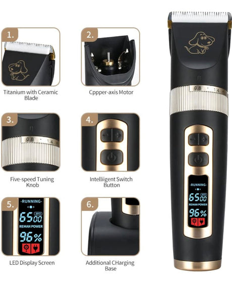 Professional Dog Grooming kit, 3 Speed Rechargeable Cordless Dog Clippers Low Noise Low Vibration, LED Screen Indicate Power/Lubricating/Cleaning