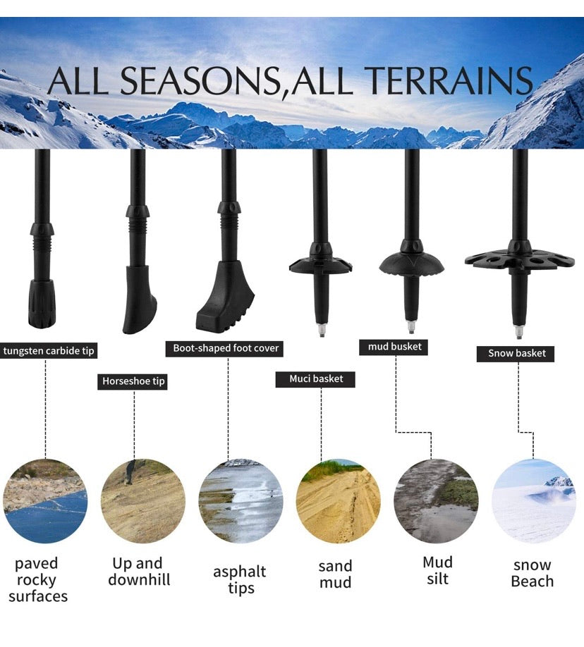 Walking Trekking Poles - 2 Pack Aluminum Metal Stick with Antishock and Quick Lock System, Adjustable, Ultralight for Hiking, Camping, Mountaining, Backpacking, Walking, Ergonomic Grip