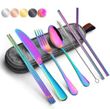 Portable Utensils Silverware Flatware Set 8-Piece Cutlery Set Including Knife Fork Spoon Chopsticks Straws Portable Bag for Travel Work Camping Picnic Stainless Steel Utensil Set (Rainbow Full)
