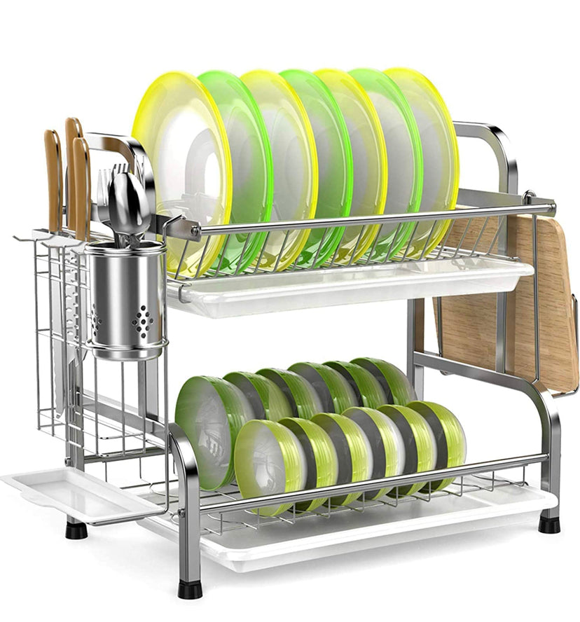 Dish Drying Rack, Haundry Stainless Steel 2-Tier Dish Rack with Utensil Holder, Cutting Board Holder and Dish Drainer for Kitchen Counter, Silver/ black