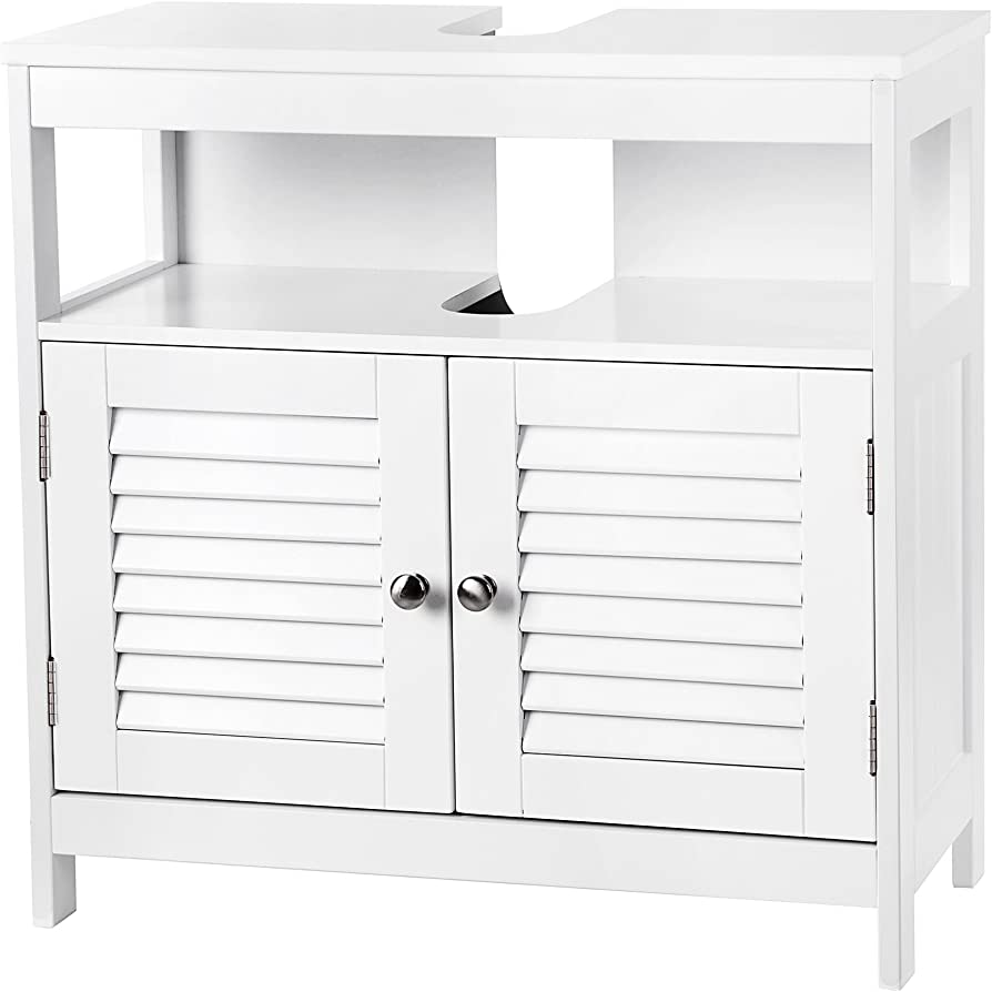 Vanity Unit Without Sink Lots of Storage Space Bathroom Cabinet with Slat Doors 2 White, MDF Panels, with Open Compartment, 60 x 30 x 60 cm
