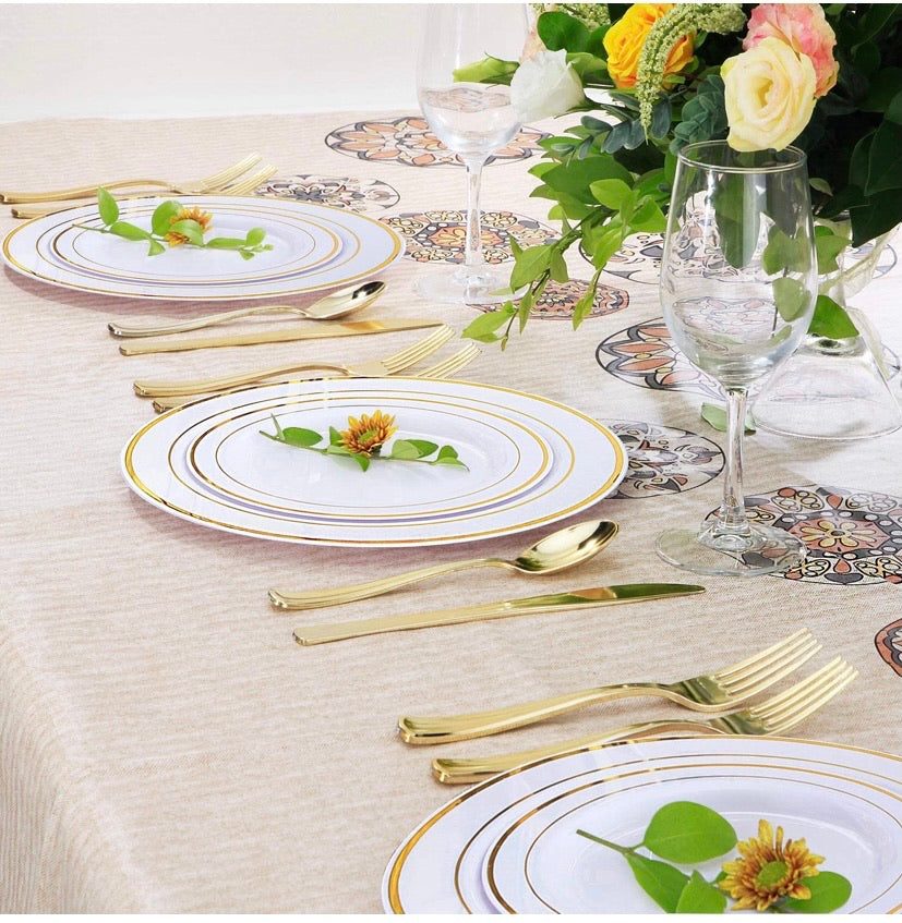 Plastic Gold Plates with Gold Plastic Silverware 60 Pcs
