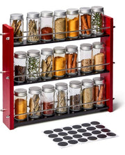 Wood Spice Rack with 21 Empty Jars and Labels, 3 Tier Freestanding Organizer Shelf Display Stand with Rails for Countertop, Cabinet, Kitchen, Pantry - Red and Black