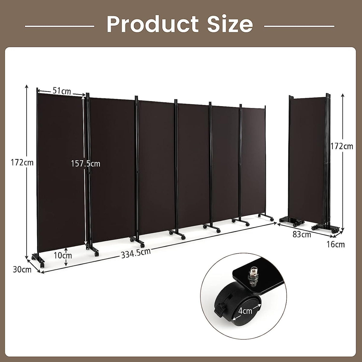 334.5 × 172 cm 6-Panel Rolling Room Divider – 4 Colours