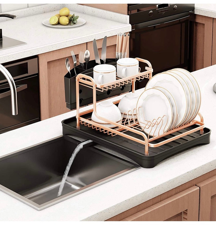 Dish Drying Rack, Aluminium Rust Proof Dish Rack and Drainboard Set with Removable Cutlery Holder and 360 Swivel Spout Drain Board for Kitchen Counter (Rose Gold, 2 Tier)