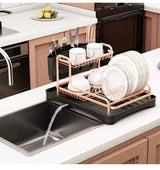 Dish Drying Rack, Aluminium Rust Proof Dish Rack and Drainboard Set with Removable Cutlery Holder and 360 Swivel Spout Drain Board for Kitchen Counter (Rose Gold, 2 Tier)
