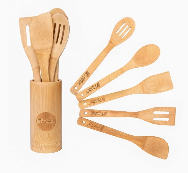 Bamboo Cooking Utensils – Set of 6 Kitchen Wooden Serving Accessories