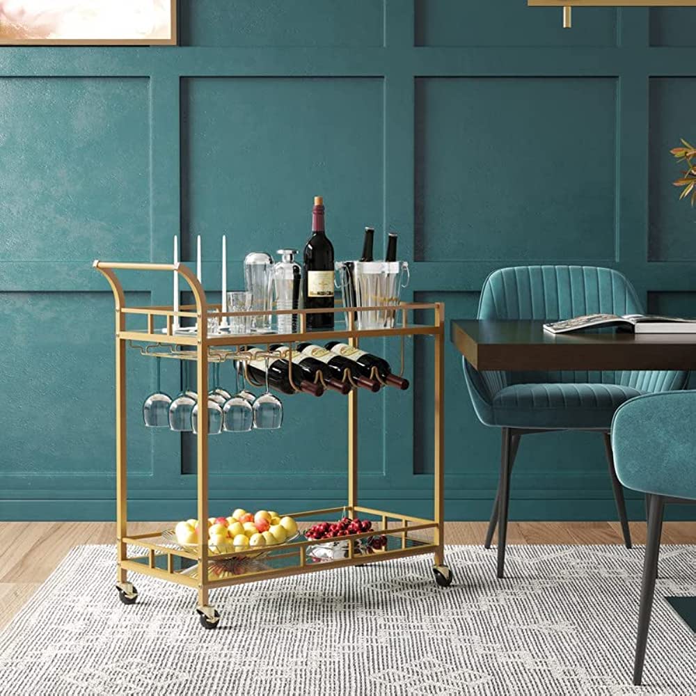 2-Tier Gold Bar Cart with Mirrored Shelves