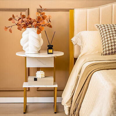 2-Tier Round Wooden Side Table with Metal Frame