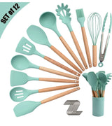 Silicone Kitchen Utensil Set, Cooking Spatulas Soup Ladle Slotted Spoon Turner Pasta Server Basting Brush Tongs Whisk Wooden Handle Heat Resistant Cookware Non-Stick Kitchen Gadgets Tools 12 Pcs