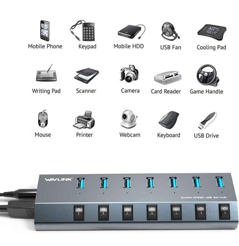 Aluminum BC 1.2 Charging 7 Ports USB 3.0 Hub,Charging Up to 5V/2.4A,Individual LED Power Switches with 48W Power Adapter for MacBook, iPad, PS4,Surface Pro, Mobile,Laptop, HDD and More