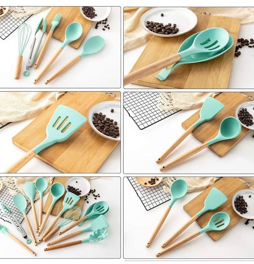Silicone Kitchen Utensil Set, Cooking Spatulas Soup Ladle Slotted Spoon Turner Pasta Server Basting Brush Tongs Whisk Wooden Handle Heat Resistant Cookware Non-Stick Kitchen Gadgets Tools 12 Pcs