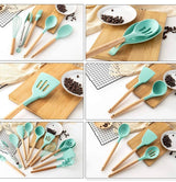 Silicone Kitchen Utensil Set, Cooking Spatulas Soup Ladle Slotted Spoon Turner Pasta Server Basting Brush Tongs Whisk Wooden Handle Heat Resistant Cookware Non-Stick Kitchen Gadgets Tools 12 Pcs