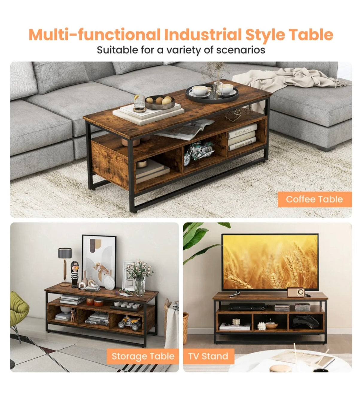 Industrial Coffee Table with Storage – Rustic Brown