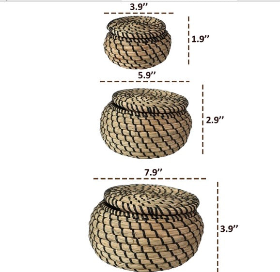Set of 3 Round Seagrass Box Lidded Storage Bin