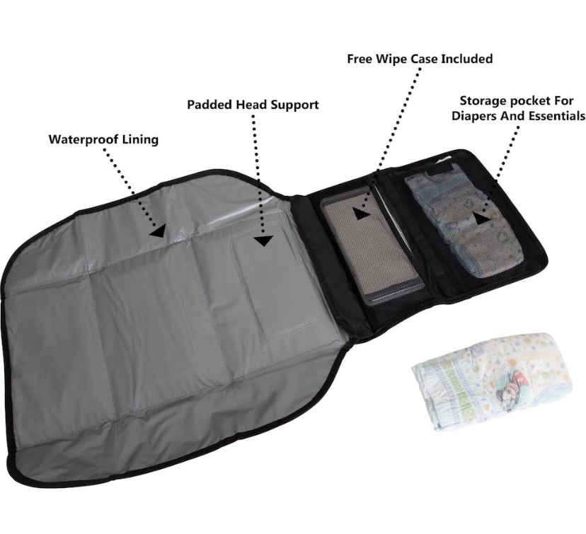 Portable Baby Changing Pad Diaper Bag Mat & Foldable Travel Changing Station with Bonus Wipe Case, Black