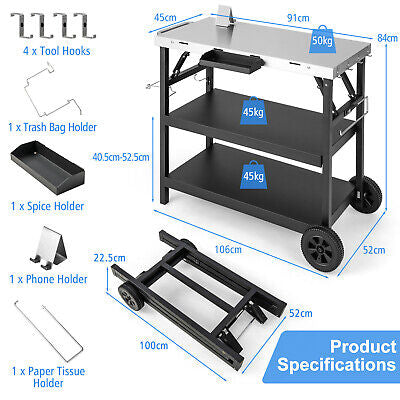 3-Tier Mobile Food-Prep Cart with Stainless-Steel Worktop