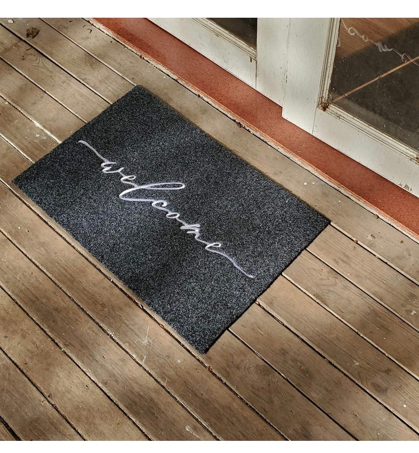 Grey Welcome Entrance Mat with Rubber Backing – 18 × 28in