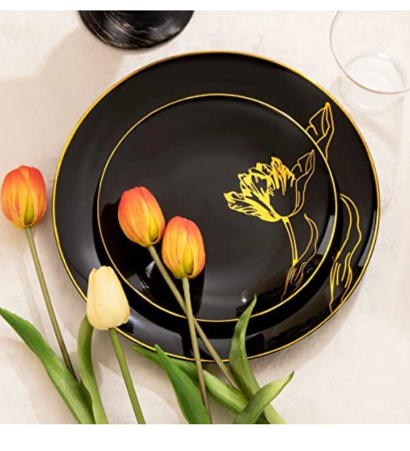 175PCS Black Plastic Plates & Gold Plastic Silverware