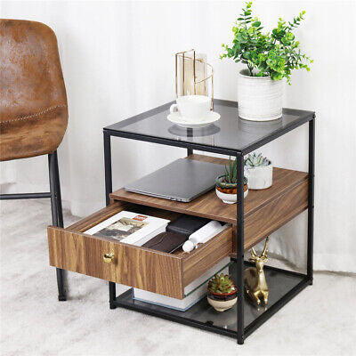 Modern Glass Bedside Table with Drawer & Lower Shelf