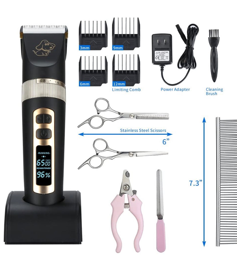 Professional Dog Grooming kit, 3 Speed Rechargeable Cordless Dog Clippers Low Noise Low Vibration, LED Screen Indicate Power/Lubricating/Cleaning