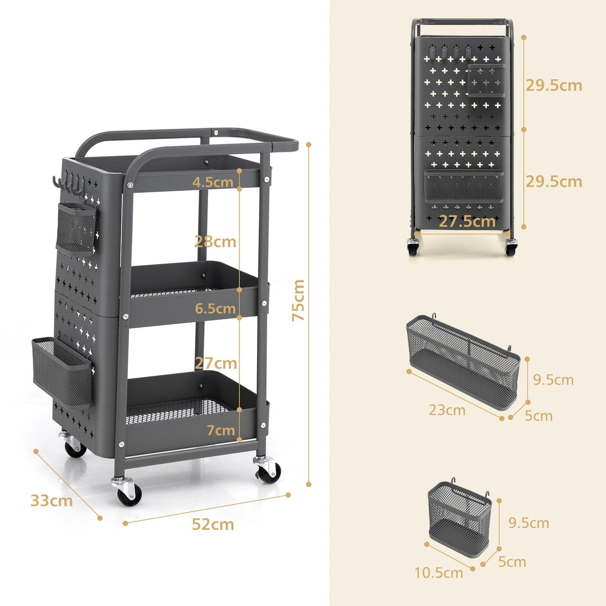 3-Tier Pegboard Rolling Storage Cart