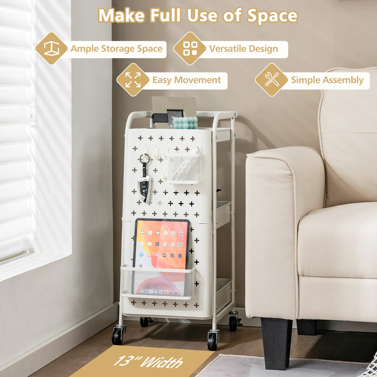 3-Tier Pegboard Rolling Storage Cart