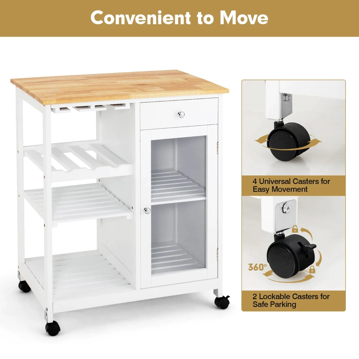 Rolling Kitchen Island with Wood Top, Cabinet & Wine Rack