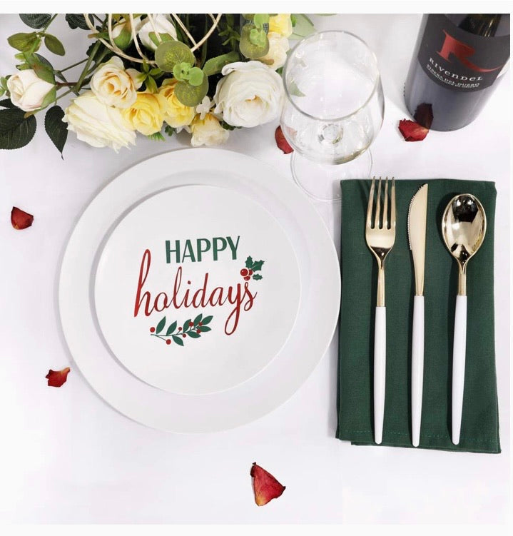 150pcs Plastic Party Dinnerware Set, Happy Holiday Plates，Plastic Plates with Christmas Design，Gold Cutlery with White handle，Supernal