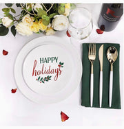 150pcs Plastic Party Dinnerware Set, Happy Holiday Plates，Plastic Plates with Christmas Design，Gold Cutlery with White handle，Supernal