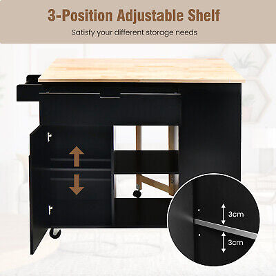 Black Drop-Leaf Rolling Kitchen Island with Cabinet