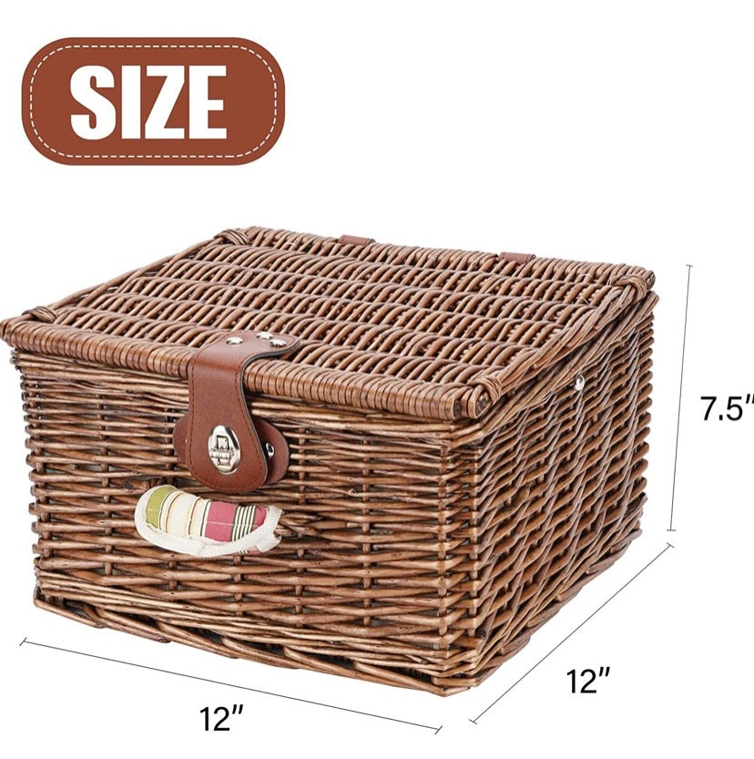 Picnic Basket for 2 Person, Durable Wicker Picnic Hamper Set, Willow Picnic Basket Accessories Plates and Utensils, Perfect Wedding, Anniversary or Birthday Gift (Green Stripe)