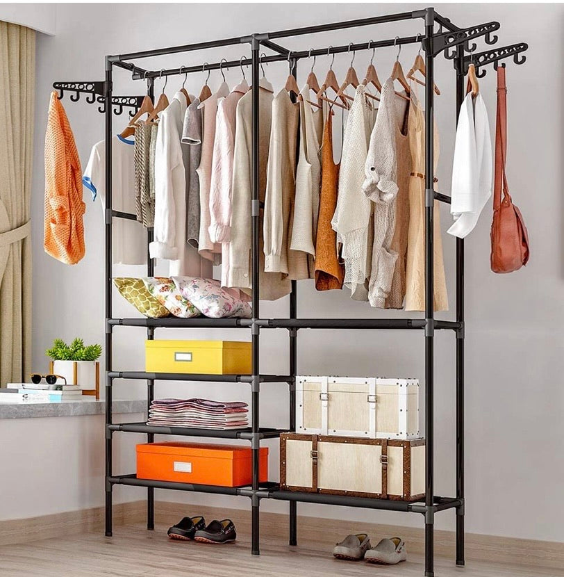 Portable Garment Rack with Shoe Storage & Side Hooks – Black or White