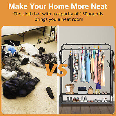 LOEFME Double-Rail Metal Garment Rack with Shoe Shelf
