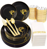 175PCS Black Plastic Plates & Gold Plastic Silverware