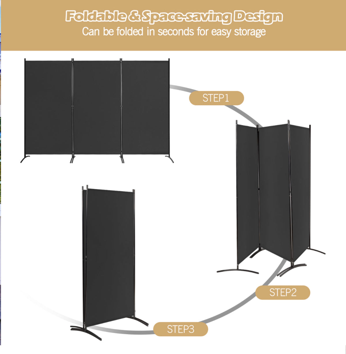 3-Panel Wood & Steel Folding Privacy Screen – 4 Colours