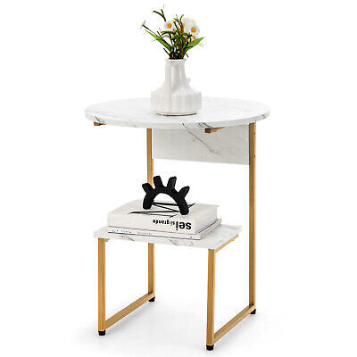 2-Tier Round Wooden Side Table with Metal Frame