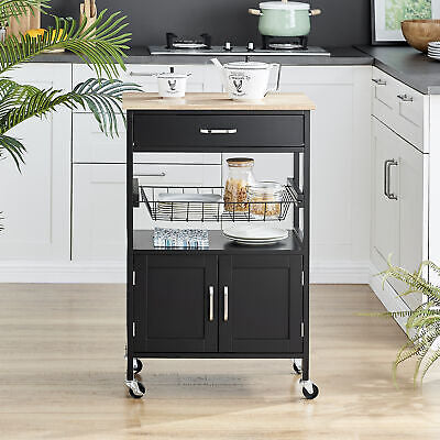 Black Rolling Kitchen Storage Trolley with Drawer & Basket