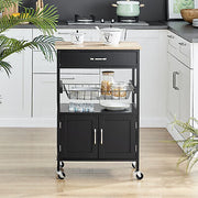 Black Rolling Kitchen Storage Trolley with Drawer & Basket