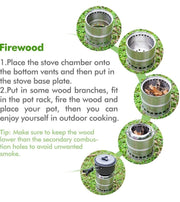 Camping Stove Backpacking Burner Stove - Potable Stainless Steel Wood Burning Stove Picnic BBQ Camping Cooker with Grill Grid