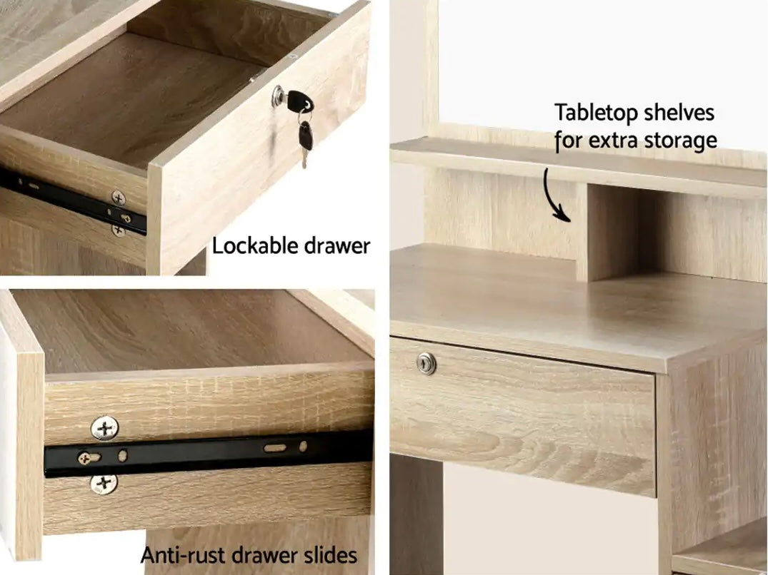 Dressing Table Mirror Stool Set Vanity Storage Desk Oak