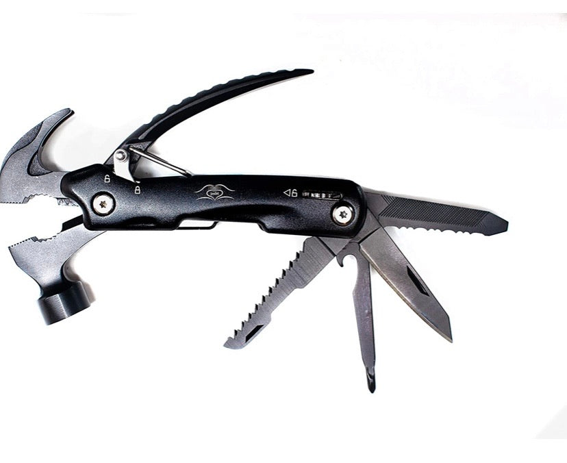 Black Stainless Steel Portable Multipurpose Pocket Size Tool with Anodized Aluminium Handle 7 Functions in 1 with Easy Carry Nylon Pouch for Outdoor Camping Household Car Emergency with Safe Locking