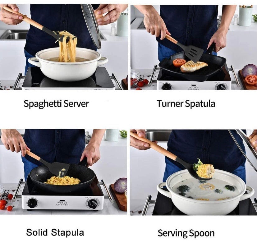 Silicone Kitchen Utensil Set, Cooking Spatulas Soup Ladle Slotted Spoon Turner Pasta Server Basting Brush Tongs Whisk Wooden Handle Heat Resistant Cookware Non-Stick Kitchen Gadgets Tools 12 Pcs