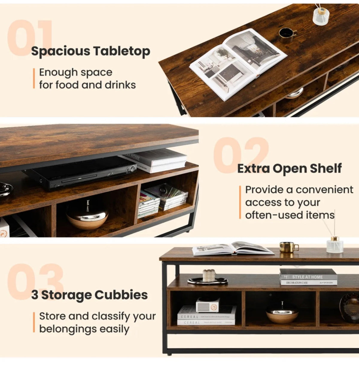 Industrial Coffee Table with Storage – Rustic Brown