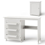 White Folding Sewing Craft Table Shelves Storage Cabinet Home Furniture W/Wheels