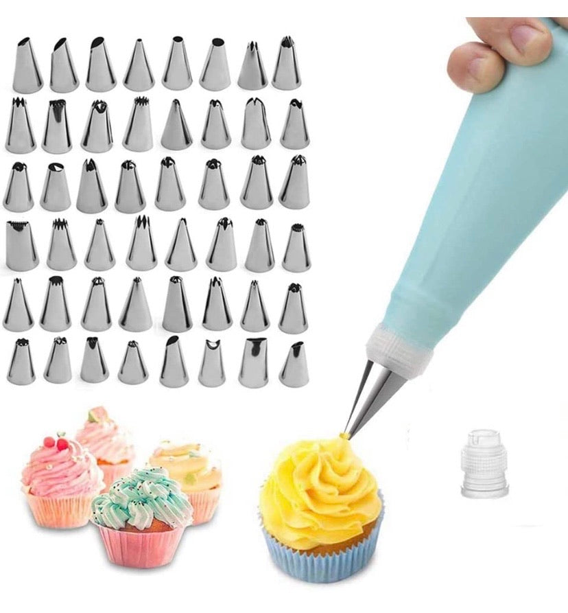 Piping Nozzles Silicone Piping Bag Set, 50pcs Cake Decorating Tool, 48 Stainless Steel Piping Nozzles Kits with 1 Reusable Piping Bag, 1 Coupler for DIY Cake Decorating
