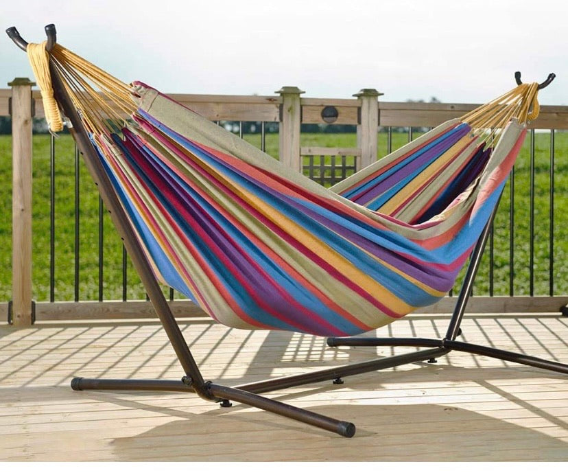 Double Cotton Hammock with Space Saving Steel Stand, Tropical (450 lb Capacity- Premium Carry Bag Included), Tropical with Charcoal Frame, 2 Person