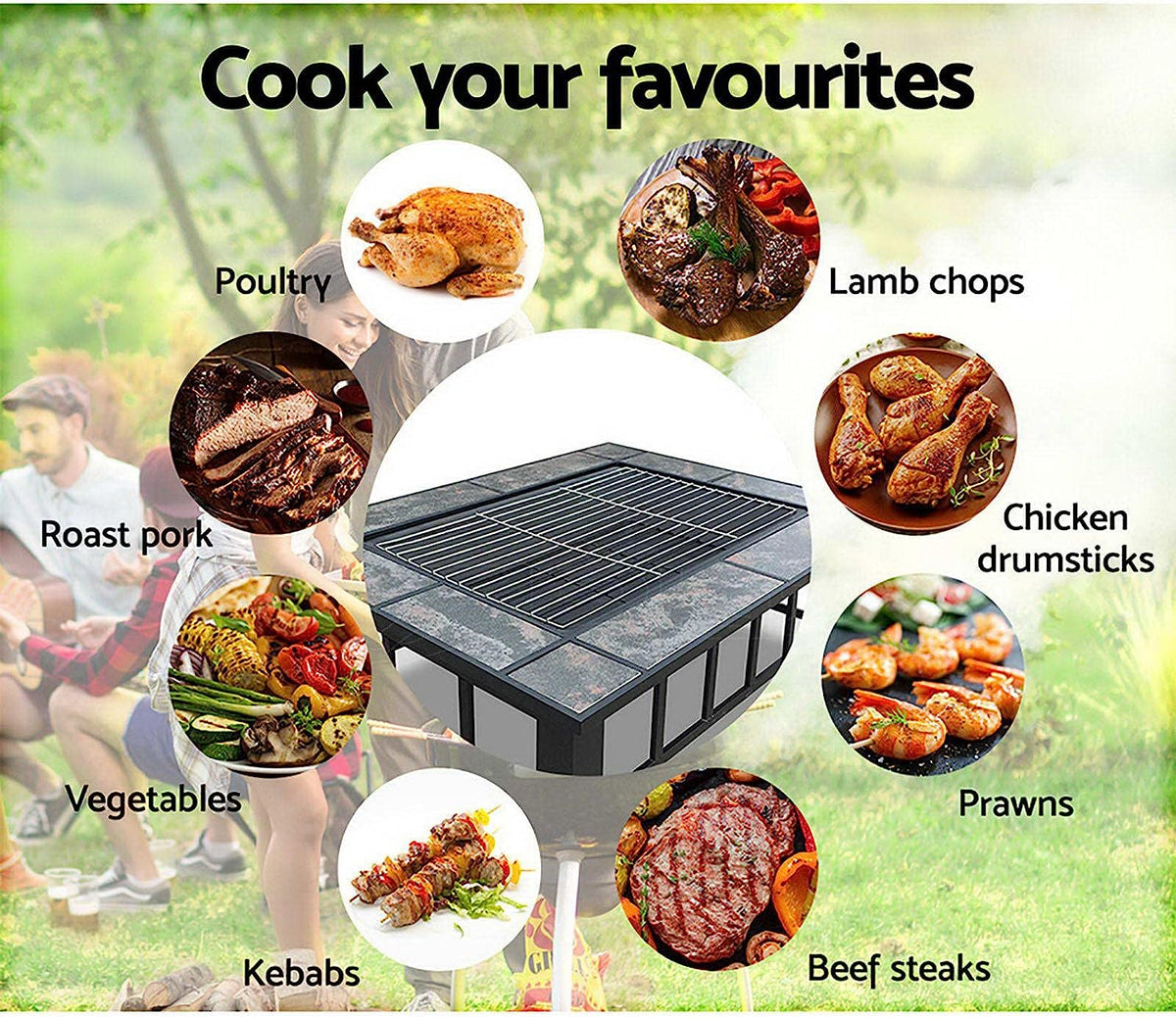 Grillz Outdoor Fire Pit Table with BBQ Grill & Ice Tray