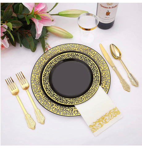 180pcs Black and Gold Plastic Plates with Gold Plastic Silverware