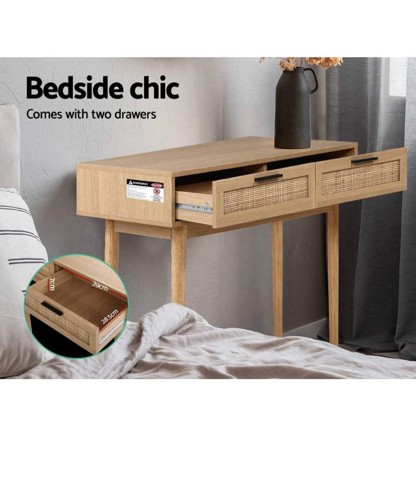 Artiss Timber & Rattan Console Table with Drawers